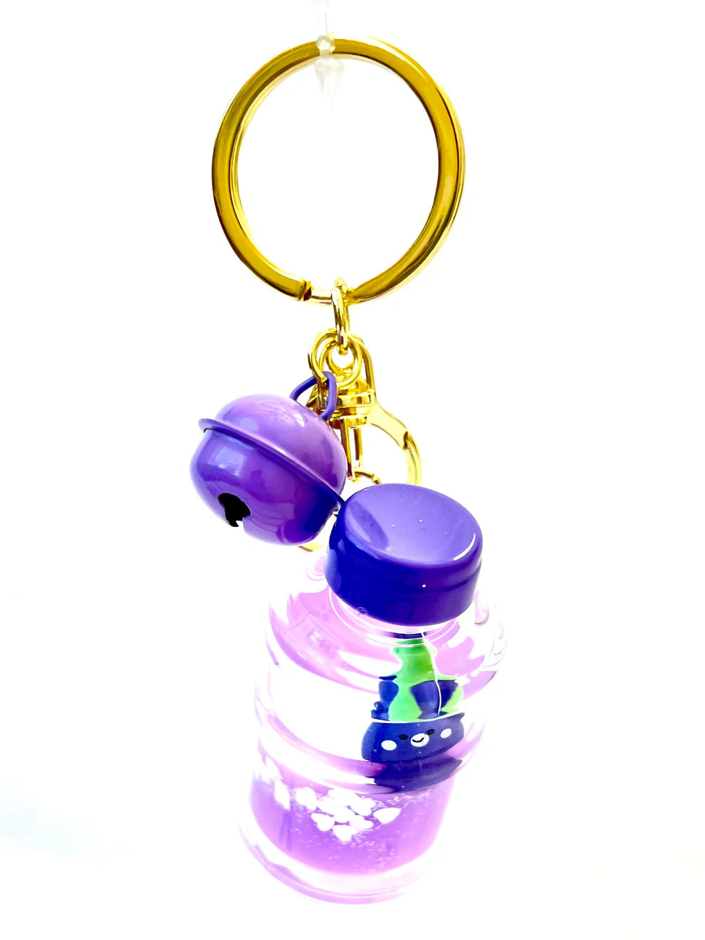 Eggplant Floaty Charm Keychain with purple bell and cute floating eggplant inside clear water bottle charm.