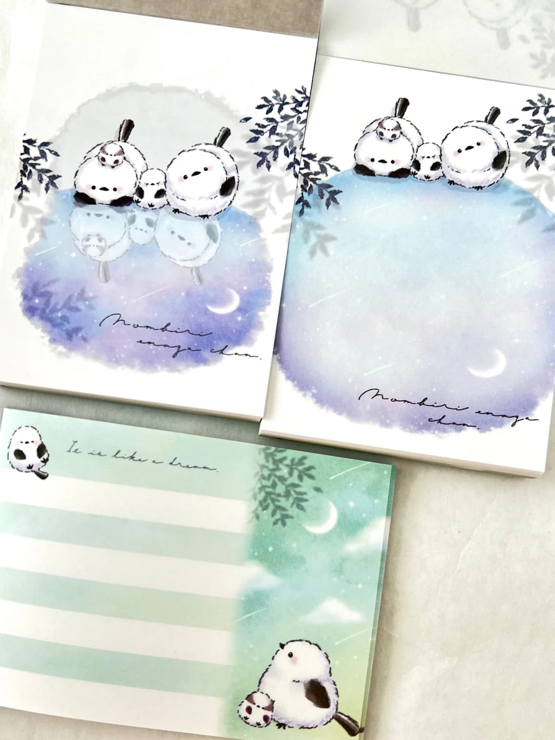 Mini Notepad | Snow Birds Moon with full-color pages featuring cute birds and a moonlit design by CRUX Japan.
