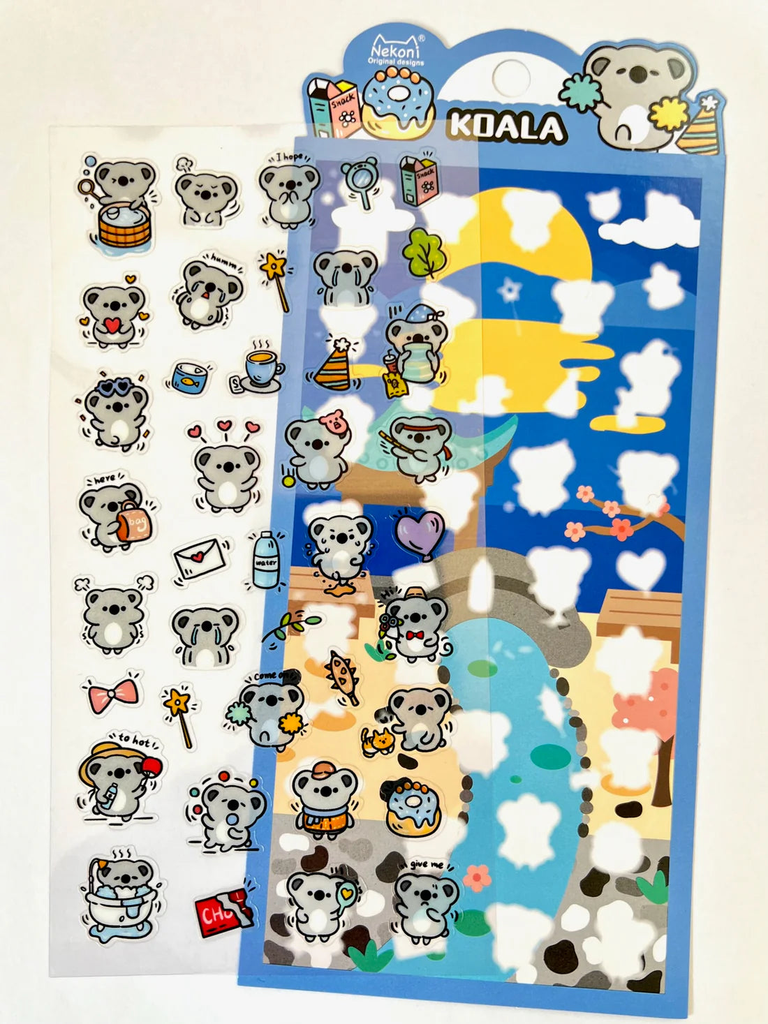 Koala Party Stickers featuring cute koalas in various fun activities, perfect for notes, planners, and letters.