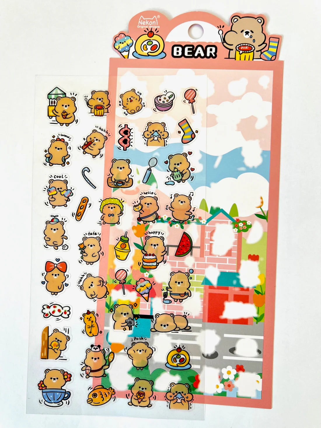 Bear Party Stickers sheet featuring cute bear characters in various fun poses for notes, letters, and planners.
