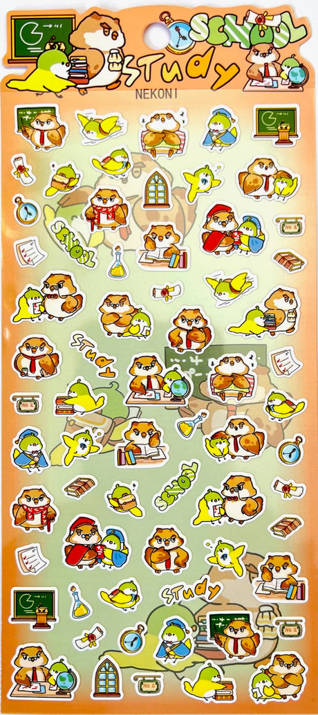 Owl & Bird School Stickers featuring cute owls and birds in school-themed scenes for notes and planners.
