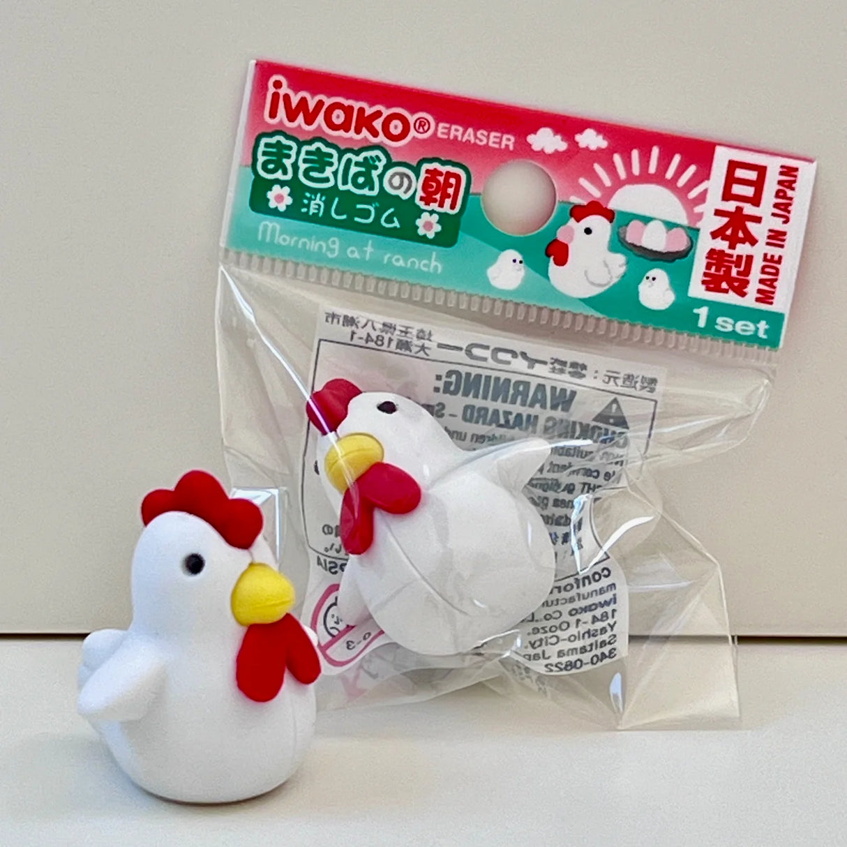 Japanese Eraser Chicken & Friends with cute white chicken erasers in limited edition Japanese packaging.