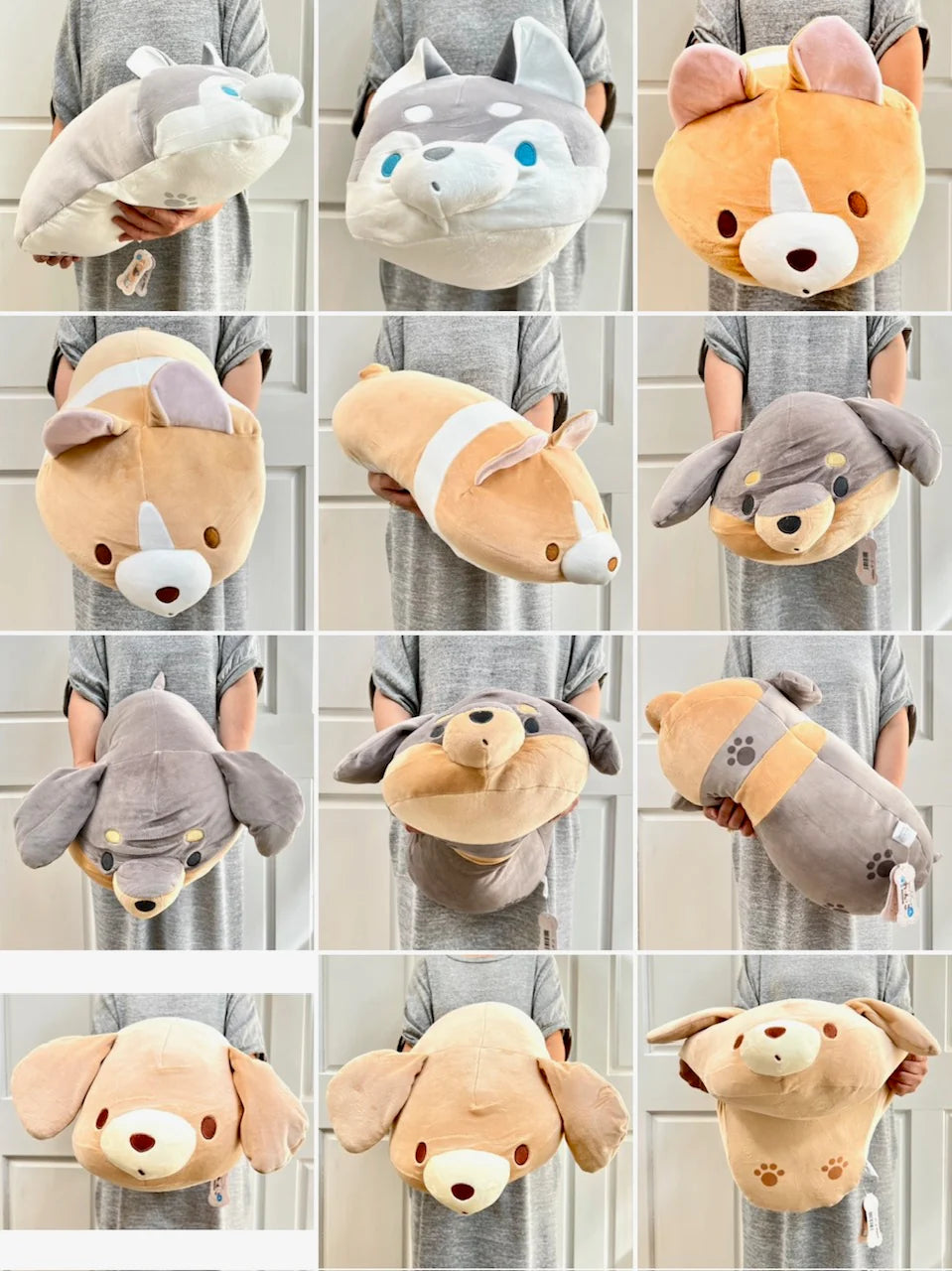Person holding assorted styles of Jumbo Long Dog plush pillows featuring soft, squishy dog designs with cute faces.