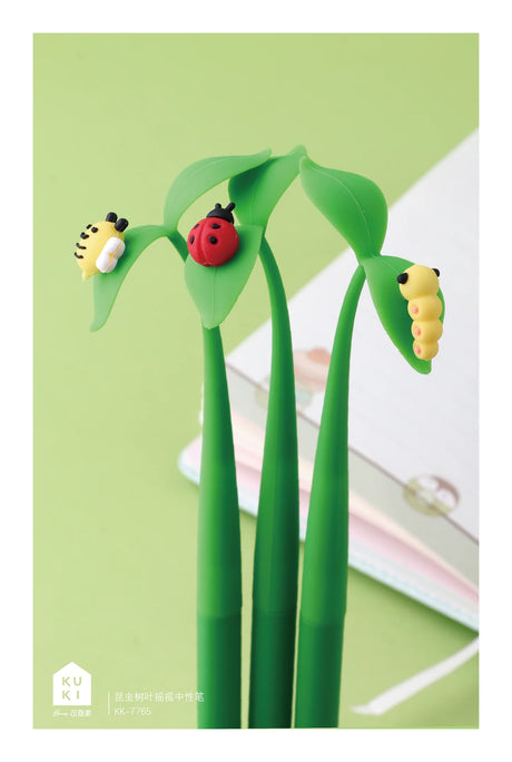 Bug on Leaf Wiggle Gel Pen with cute insect designs on green leaves and smooth fine tip black gel ink.