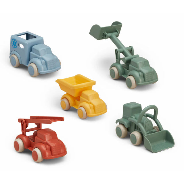 Re:line Chubbie Maxi set of five colorful recyclable toy trucks made from 100% recycled plastics for ages 1 and up.