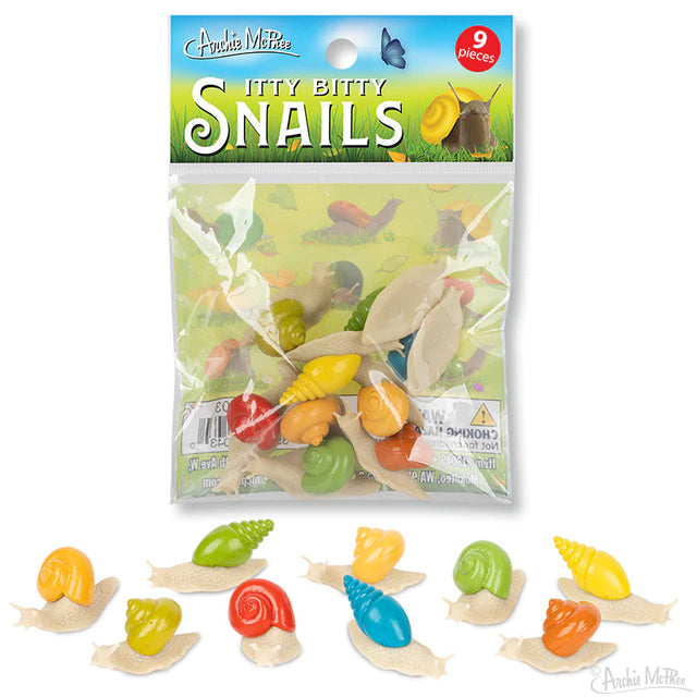 Itty Bitty Snails soft vinyl toy pack with nine colorful miniature snails in various positions.