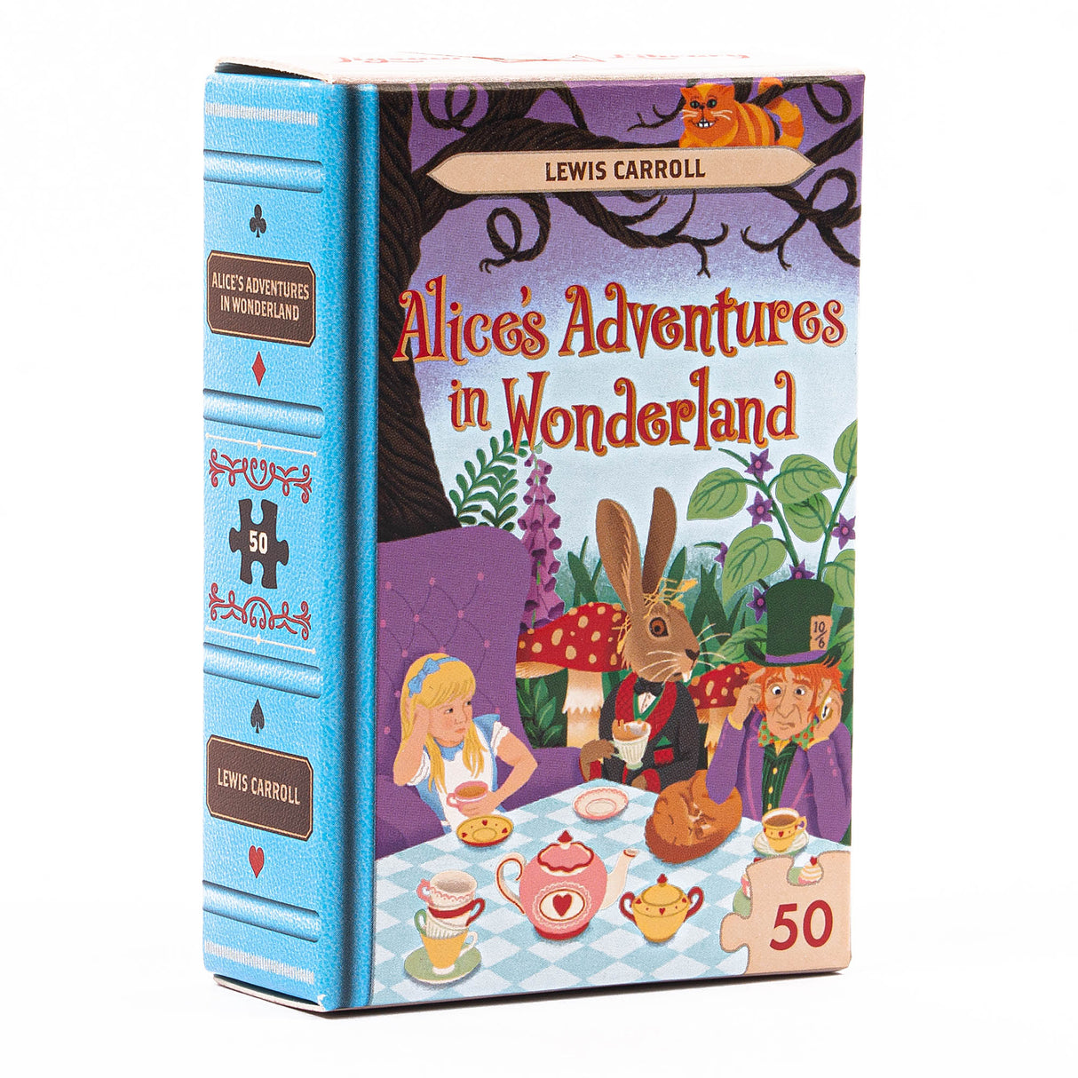 50pc Mini Library Puzzle featuring Alice's Adventures in Wonderland cover with whimsical tea party illustration.