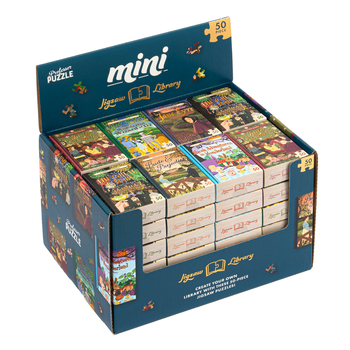 50pc Mini Library Puzzle display box with assorted classic book cover puzzles, 50 pieces each for ages 3 and up.