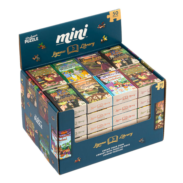 50pc Mini Library Puzzle display box with assorted classic book cover puzzles, 50 pieces each for ages 3 and up.