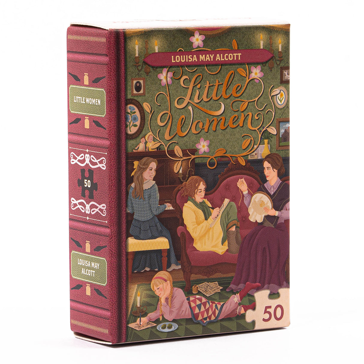 50pc Mini Library Puzzle featuring Little Women book cover illustration in a charming miniature puzzle box.