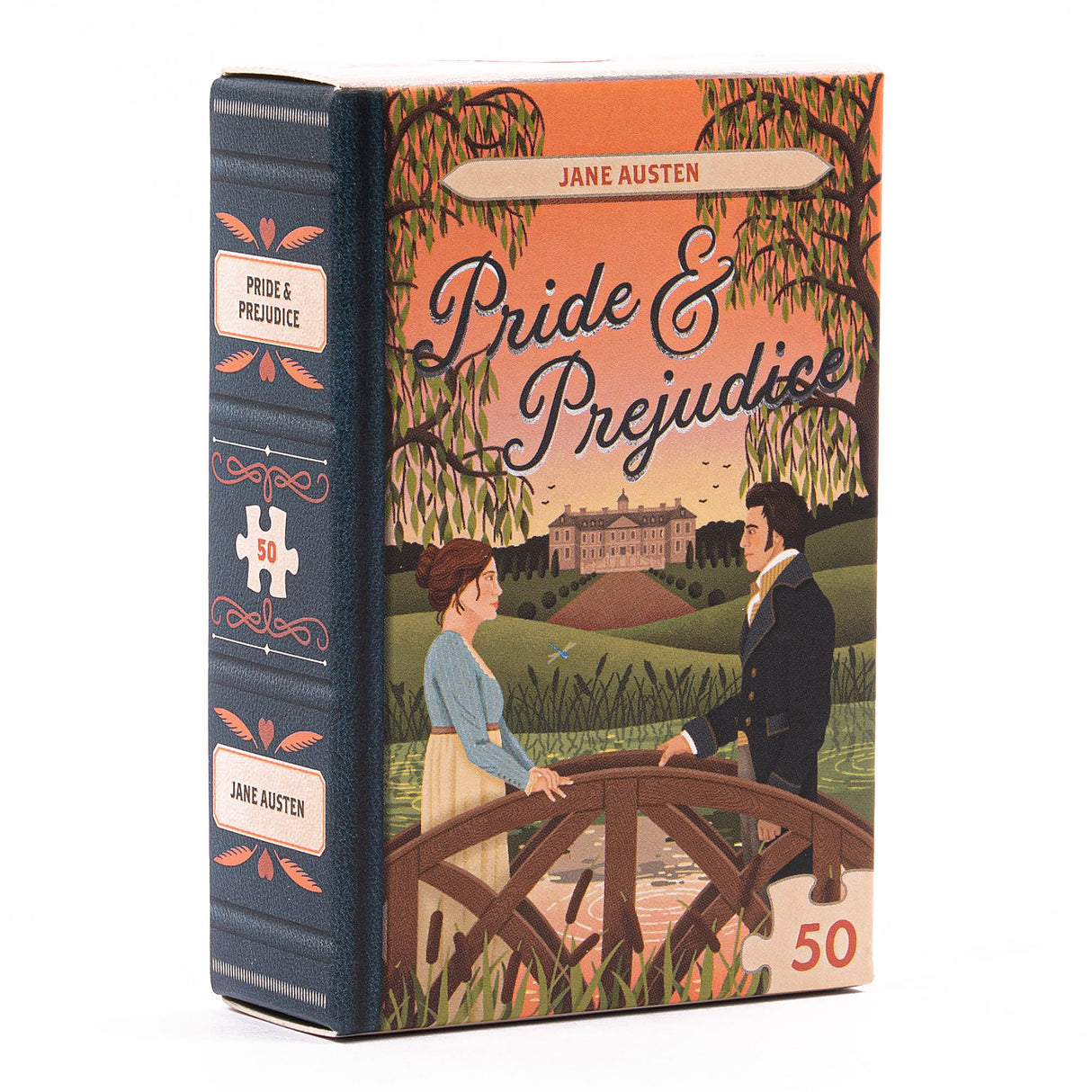 50pc Mini Library Puzzle featuring Pride & Prejudice cover art with two characters by a bridge in a scenic setting.