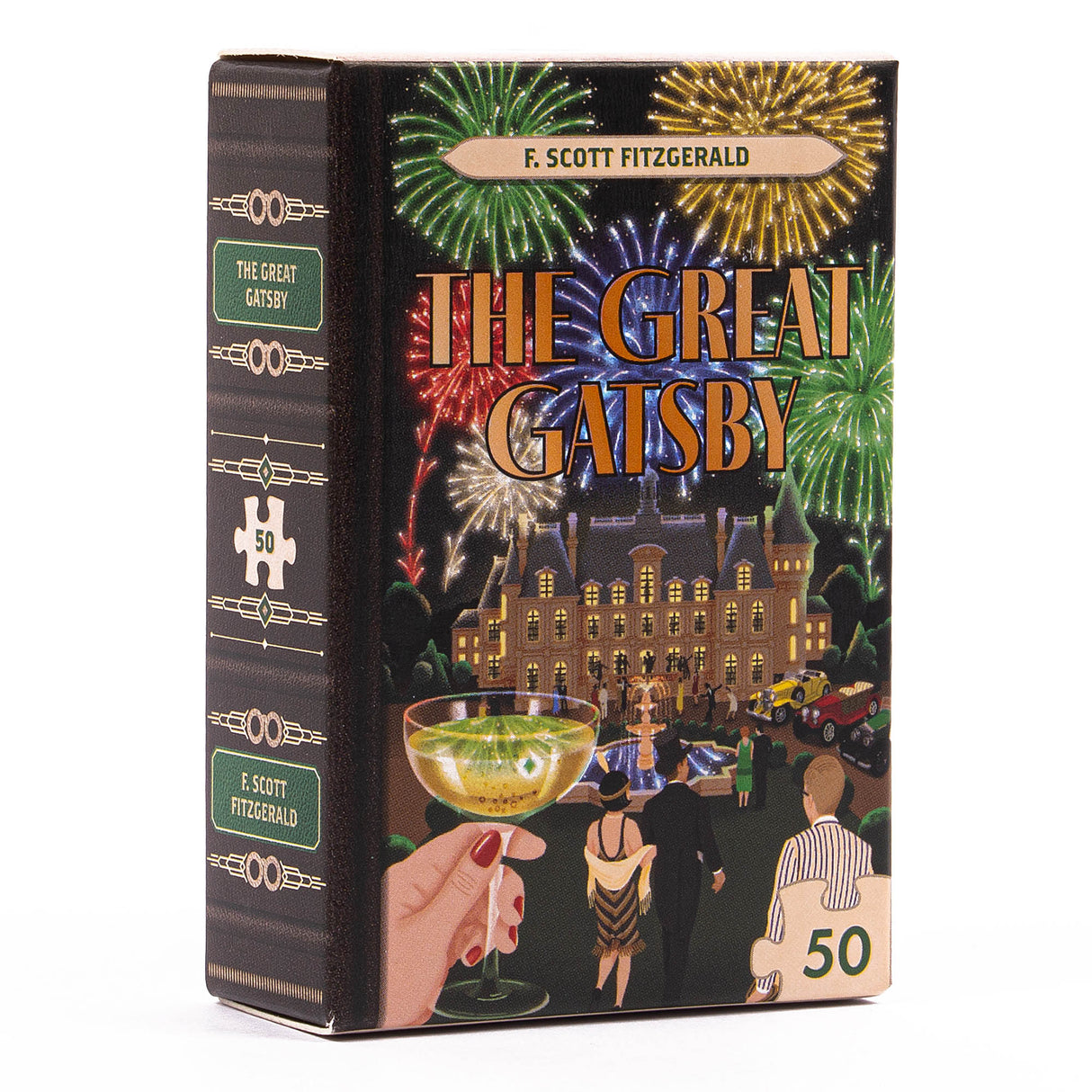 50pc Mini Library Puzzle featuring The Great Gatsby with illustrated book cover and festive fireworks design.