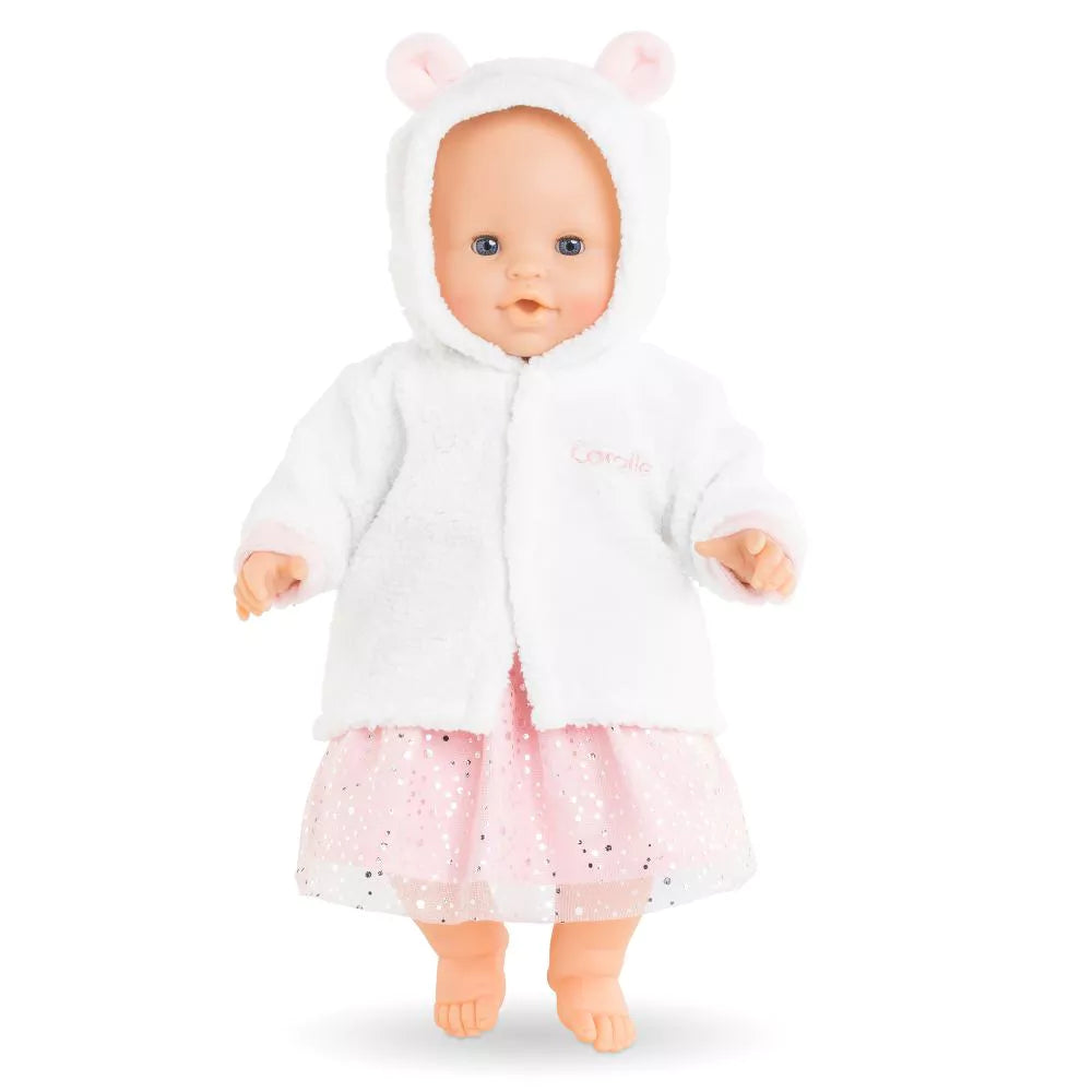 14in Magical Evening Coat on a doll, soft white faux fur with a cozy hood featuring pink ears.