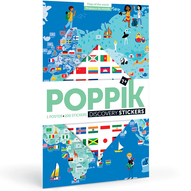 Poppik Discovery Poster Flags with 200 stickers for learning world flags on a colorful illustrated map for ages 7 and up.