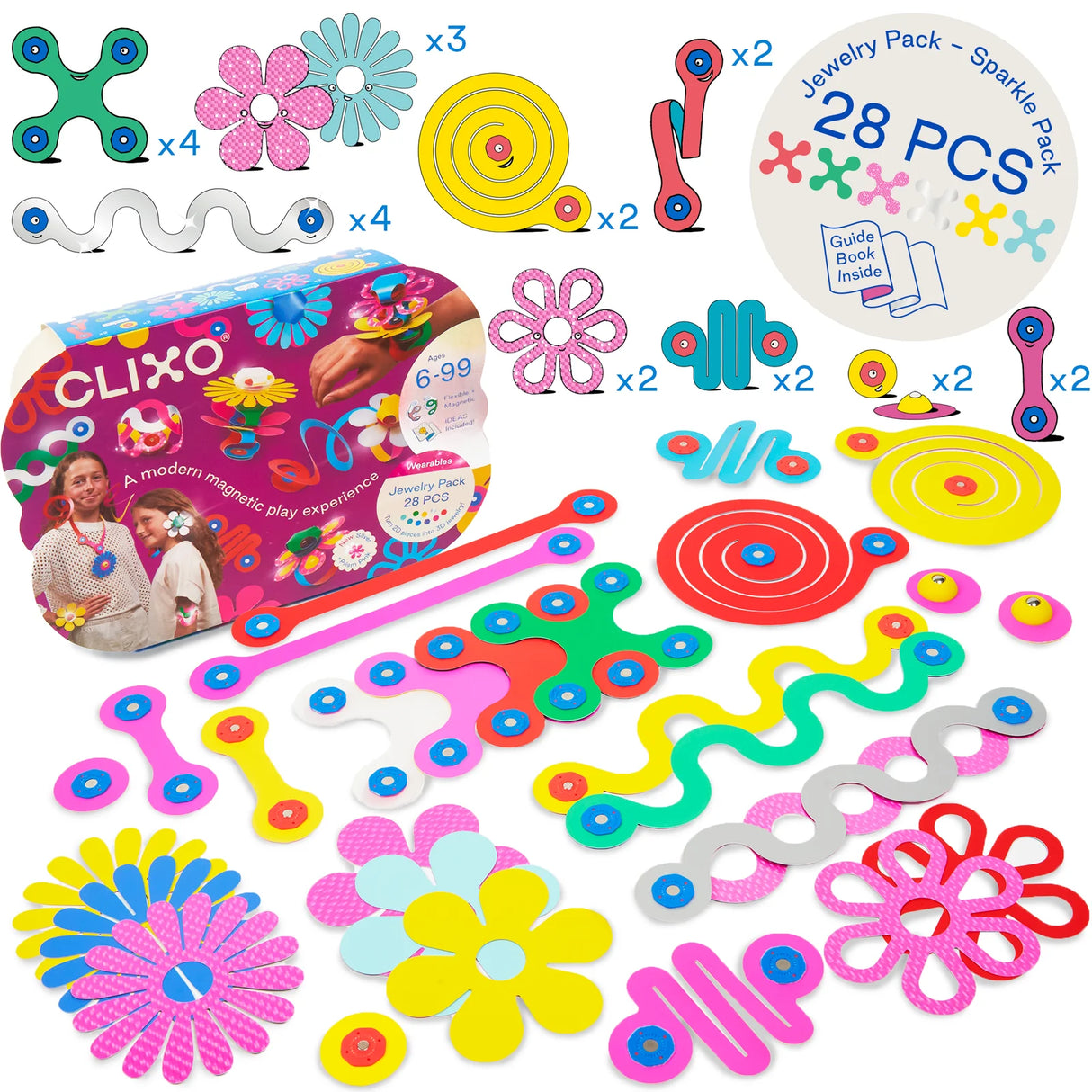 Clixo | Jewelry Pack with 28 colorful magnetic pieces for creative, flexible, and sparkling jewelry designs, perfect for ages 6 and up.