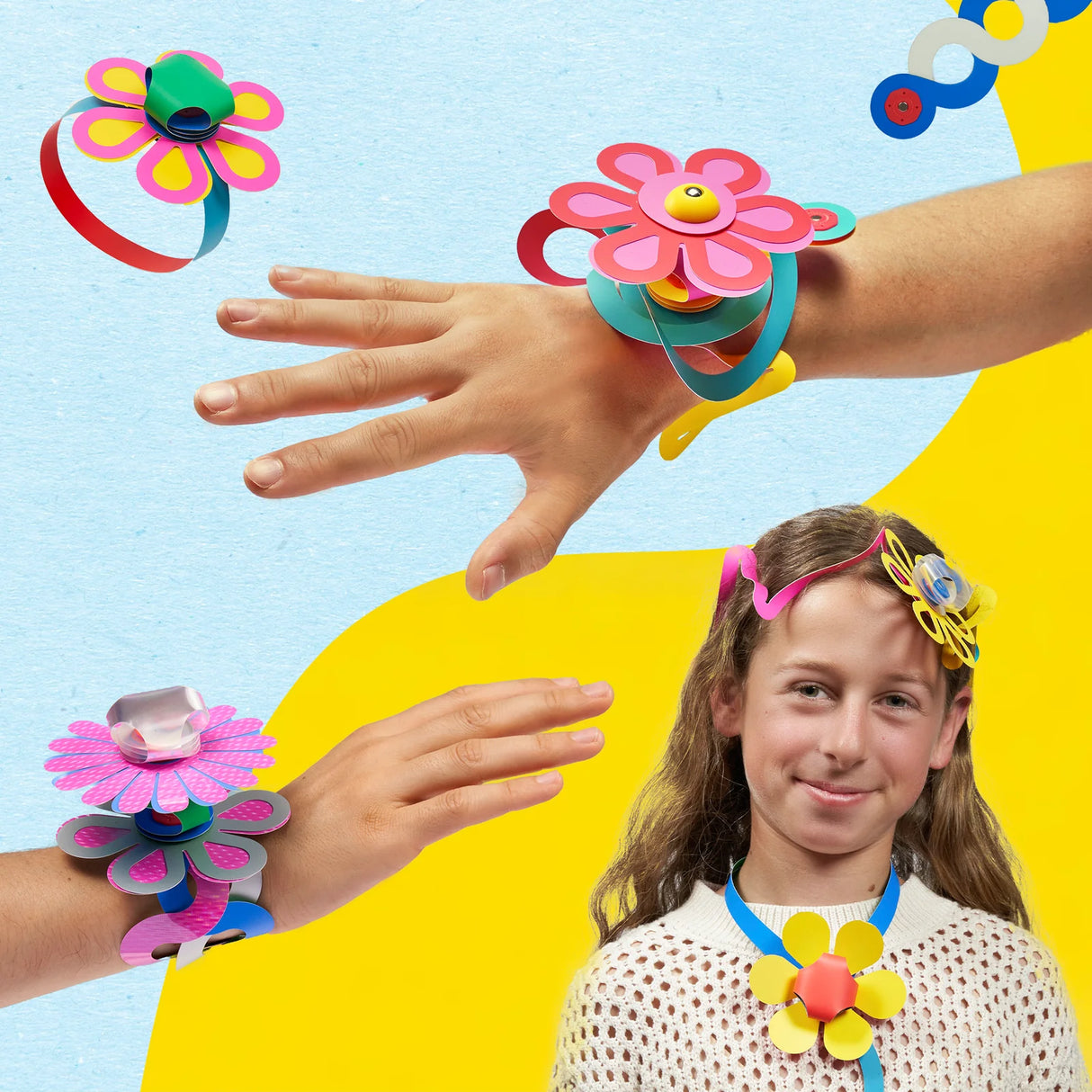 Clixo | Jewelry Pack showing colorful magnetic flower bracelets and headpieces worn by a smiling girl.
