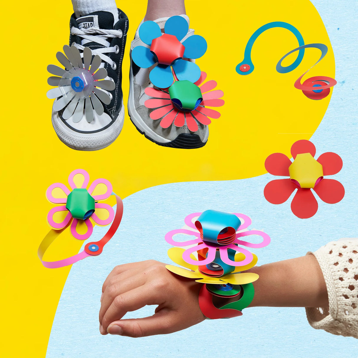 Clixo | Jewelry Pack showing colorful magnetic flower and charm accessories worn on shoes and wrist for creative play.