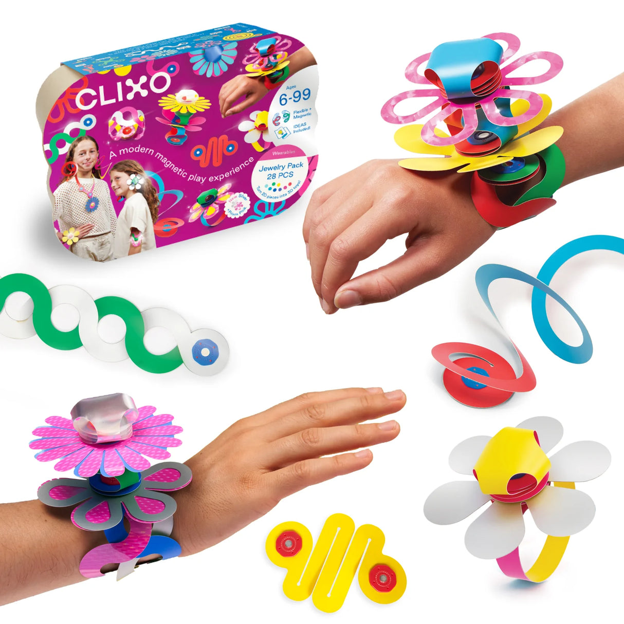 Clixo | Jewelry Pack showing colorful magnetic flower and charm bracelets on hands with packaging in background.