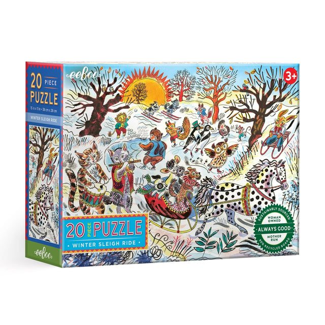 Colorful winter puzzle featuring animals sledding and playing in a snowy landscape designed for children ages 3 and up