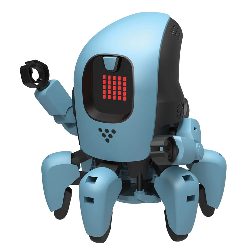 Kai The Artificial Intelligence Robot in blue with six legs and a digital face display showing red LED pattern.