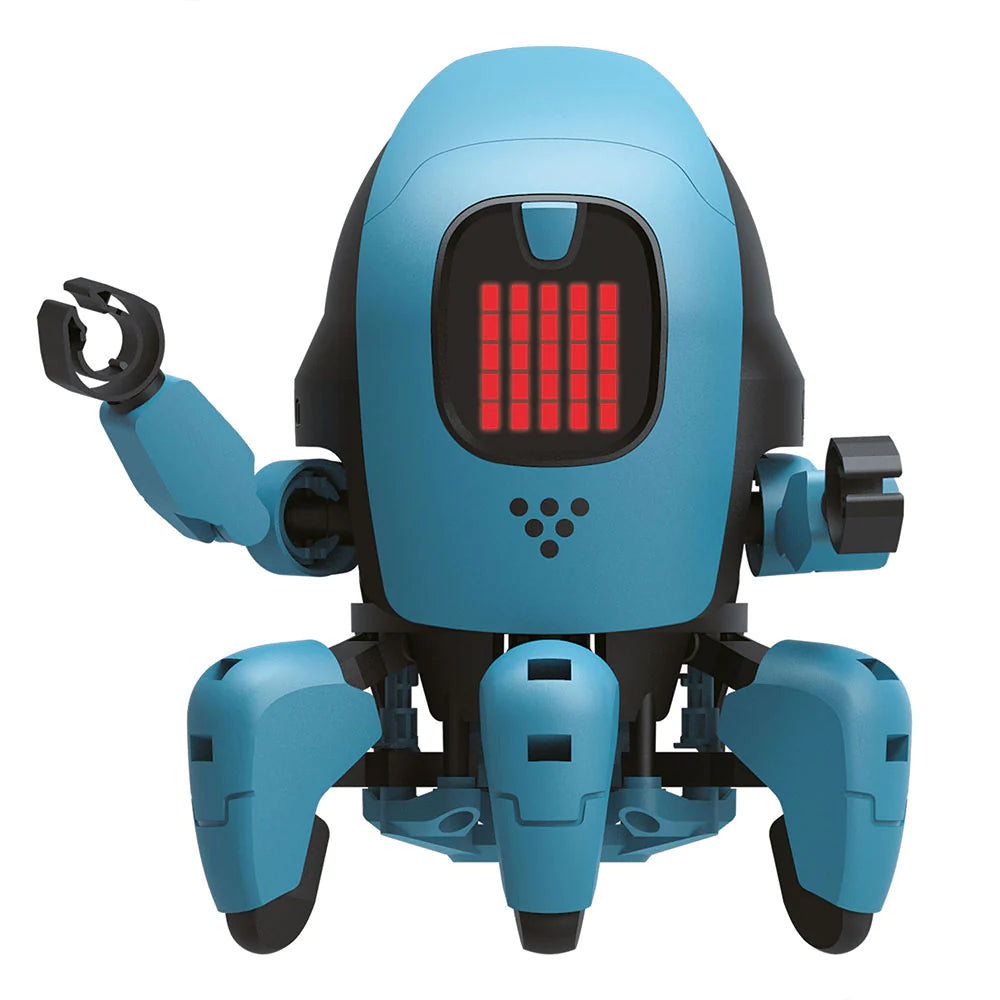 Kai The Artificial Intelligence Robot in blue with six legs and LED face display showing red bars.