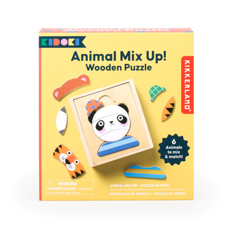 Animal Mix Up! Wooden Puzzle with 30 mix-and-match wooden animal pieces and accessories in a wooden box for ages 3+