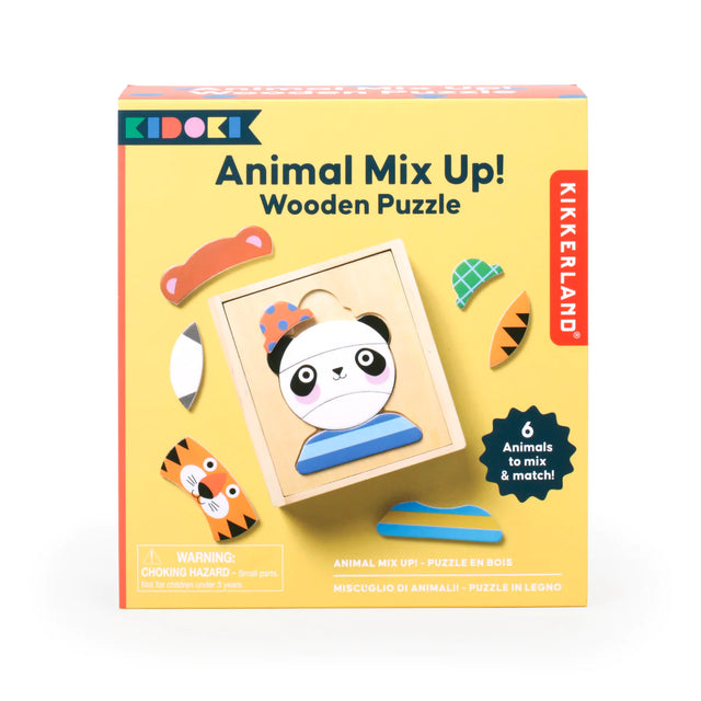 Animal Mix Up! Wooden Puzzle with 30 mix-and-match wooden animal pieces and accessories in a wooden box for ages 3+
