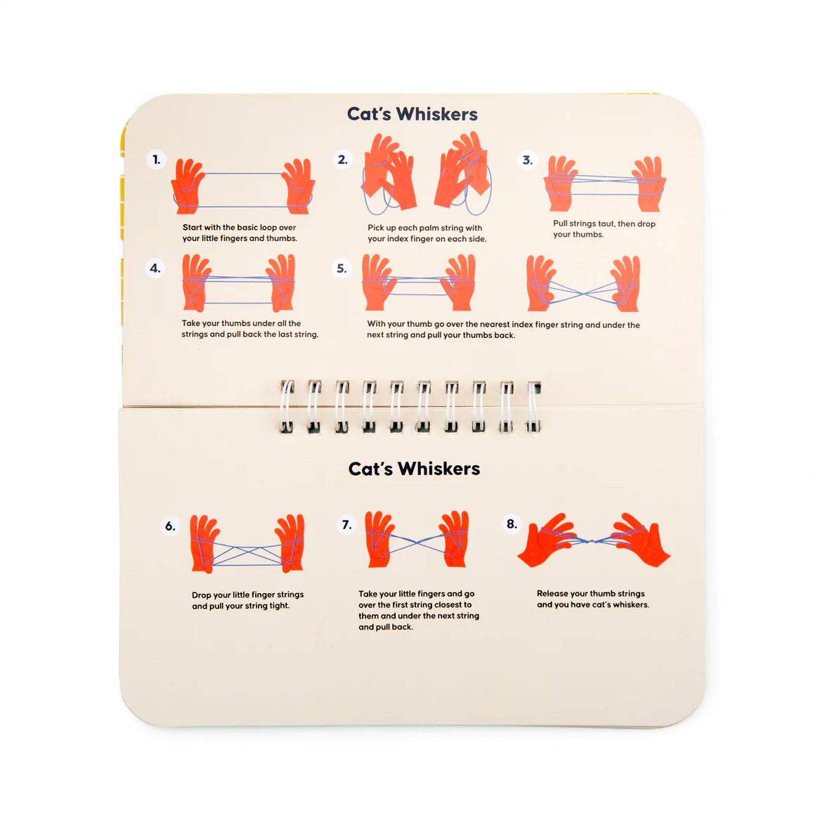 Kidoki Cat's Cradle open book showing step-by-step instructions for the Cat's Whiskers string game.