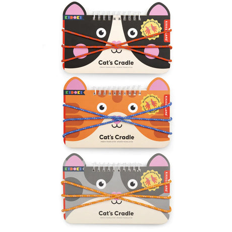 Kidoki Cat's Cradle wire-bound books with cat faces and colorful strings for creative string games.