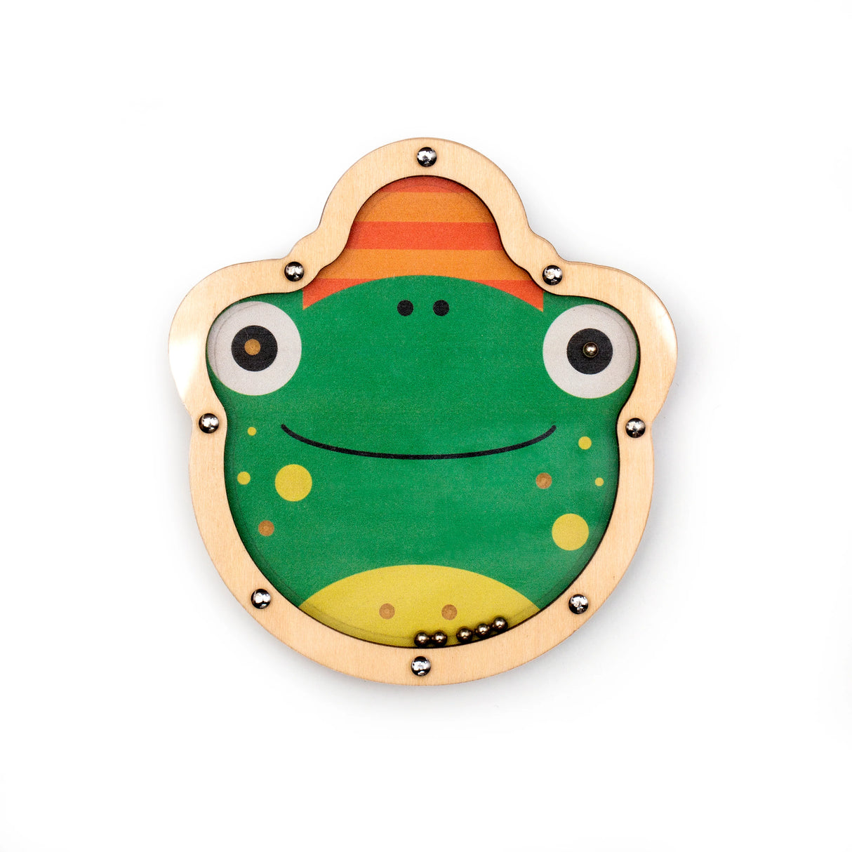 Double Sided Tilt & Roll Puzzle featuring a frog face design with steel balls to roll into holes, made of FSC plywood.