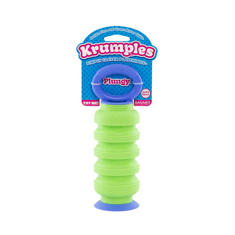 Krumples | Plungy in green and blue, a fun silicone fidget toy that seals to surfaces for toddlers and kids.