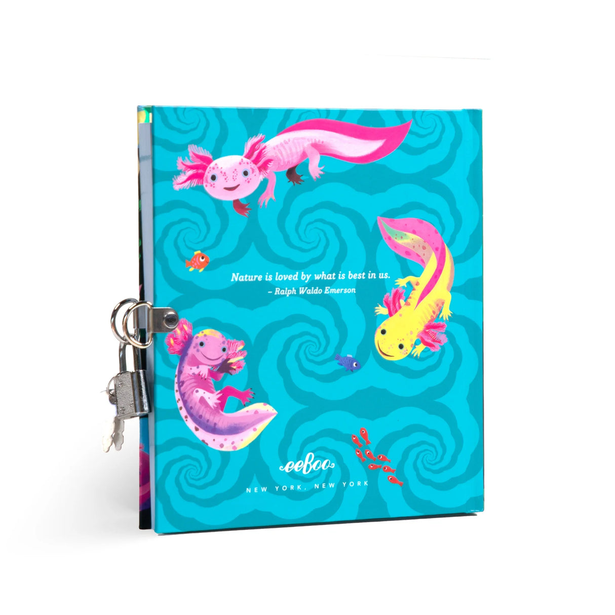 Axolotl Diary foil stamped journal with colorful axolotl illustrations, lock and keys, perfect for creative writing.