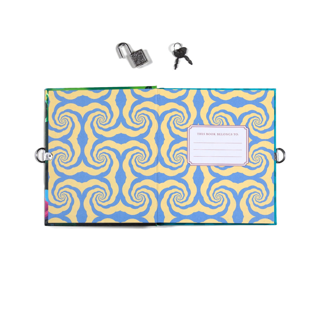 Axolotl Diary open to name page with blue and yellow swirl pattern, showing lock and two keys on white background.