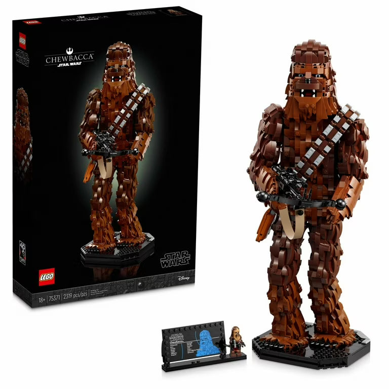 Buildable LEGO Star Wars Chewbacca figure with crossbow, display stand, plaque, and minifigure, over 18 inches tall.