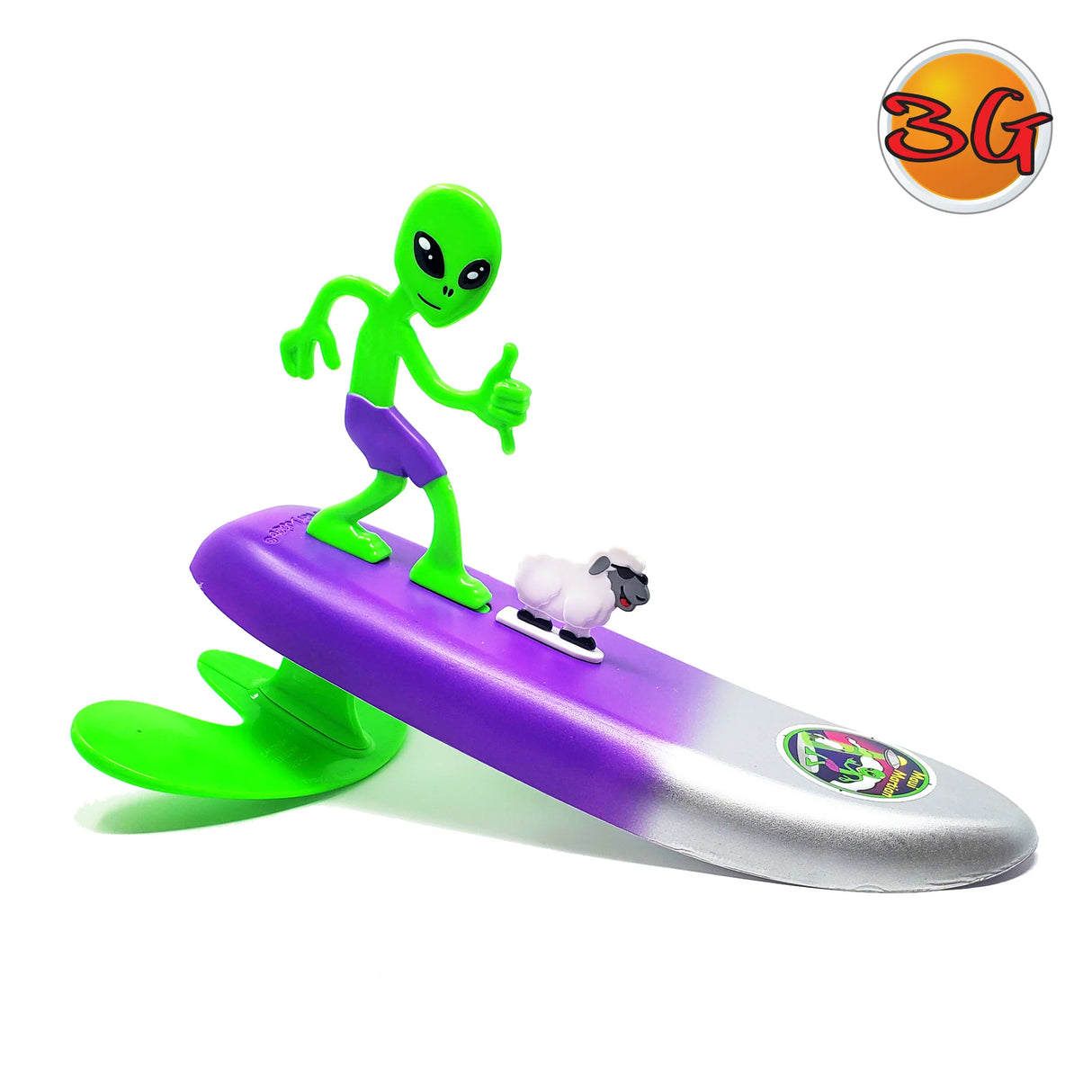 Surfer Dudes Legends toy with green alien figure on purple surfboard with sheep pet and fin key accessory