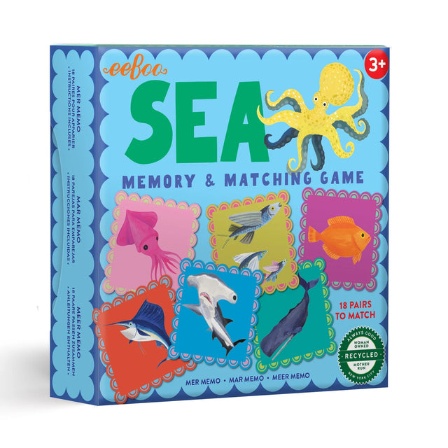 Sea Memory & Matching Game box featuring colorful sea creature illustrations for ages 3+, made with recycled materials.