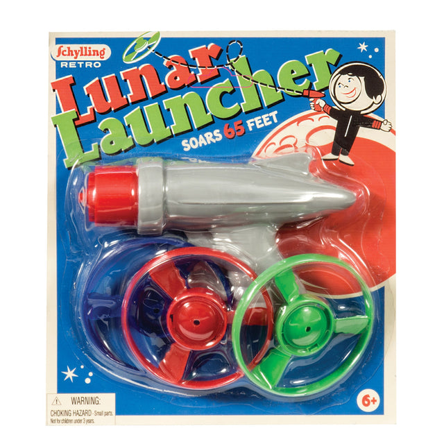 Lunar Launcher toy in packaging with red, green, and blue plastic discs that shoot up to 65 feet for outdoor fun.