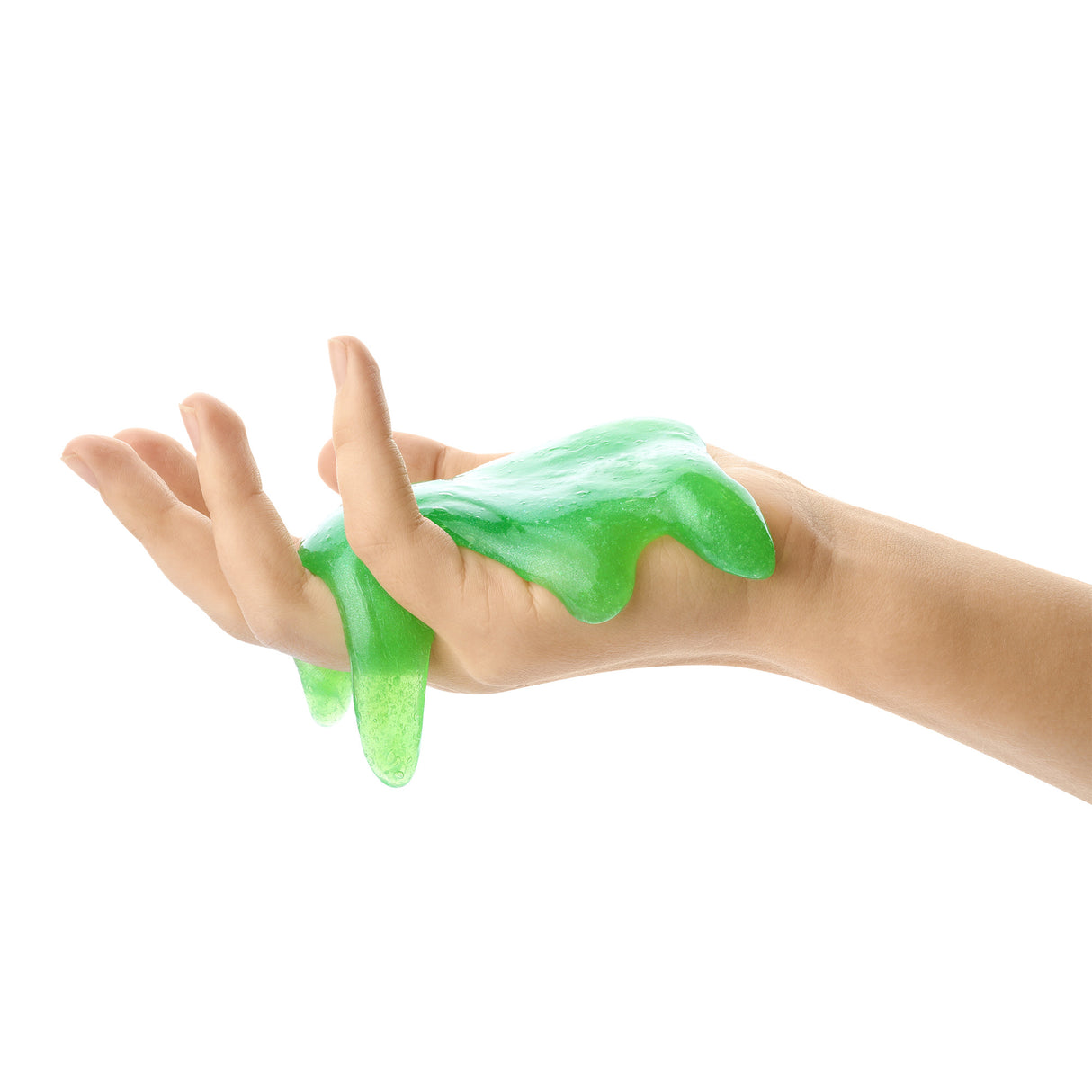 Lava Instant Slime green slime flowing over a hand, showing its soft and stretchy texture.