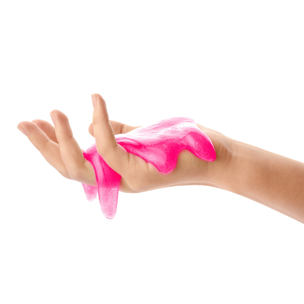 Hand holding bright pink slime, demonstrating the soft texture of Lava Instant Slime for fun and safe play.