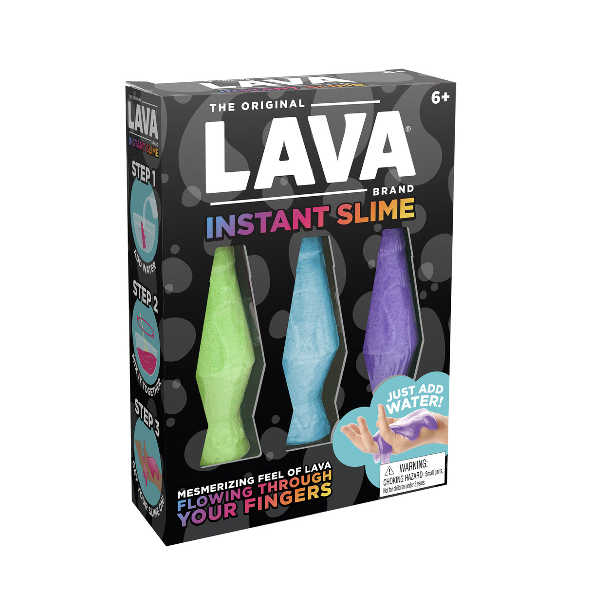 Lava Instant Slime packaging showing three lava lamp shaped tablets in green, blue, and purple, ready for water activation.