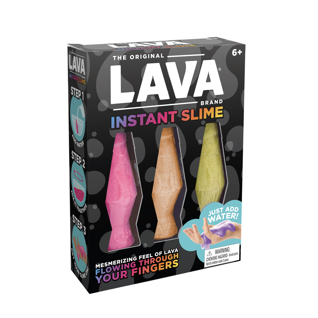 Lava Instant Slime pack with three lava lamp tablets in pink, orange, and yellow colors ready to add water and play.