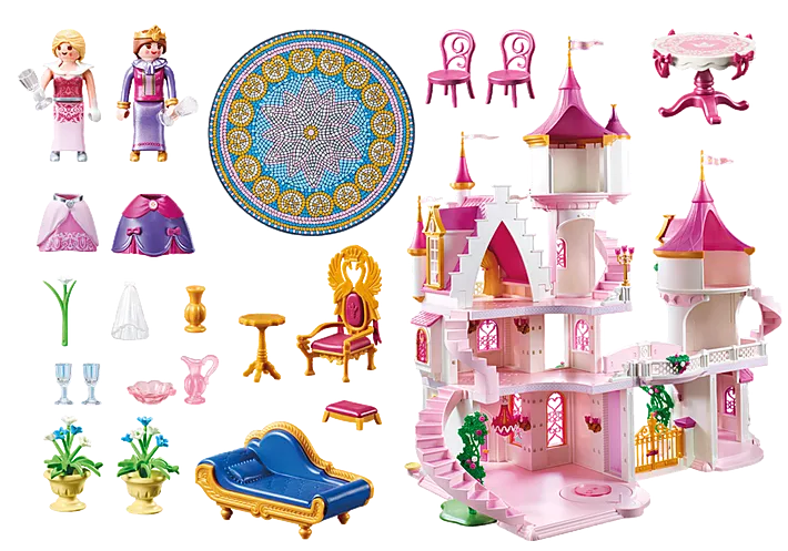 Princess | Castle playset with pink castle, queen and princess figures, furniture, and accessories for imaginative play.