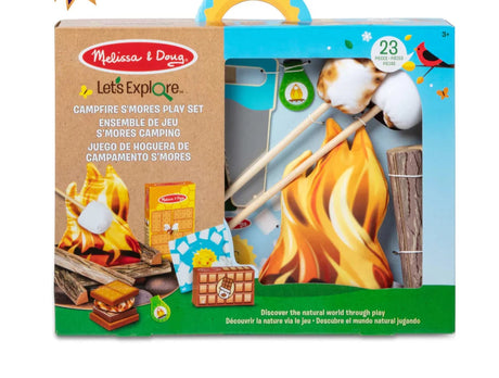Melissa & Doug Let's Explore Campfire S'mores Play Set with marshmallows, flames, logs, and toasting sticks in packaging.