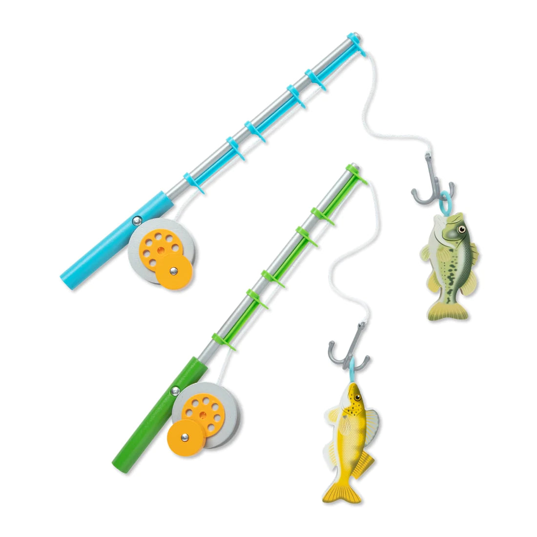 Let's Explore Fishing Play Set with two wooden fishing rods and colorful wooden fish for kids ages 3 and up.