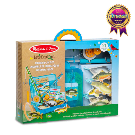 Melissa & Doug Let's Explore Fishing Play Set with wooden rods, fish, reversible mat, and tackle box in packaging.