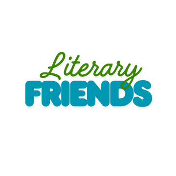 Green cursive text reading Literary above bold blue block letters spelling Friends on a white background