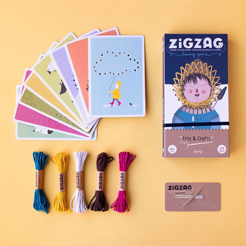 ZigZag Lacing embroidery kit with colored wool, needles, and cardboard templates for kids ages 4 and up.