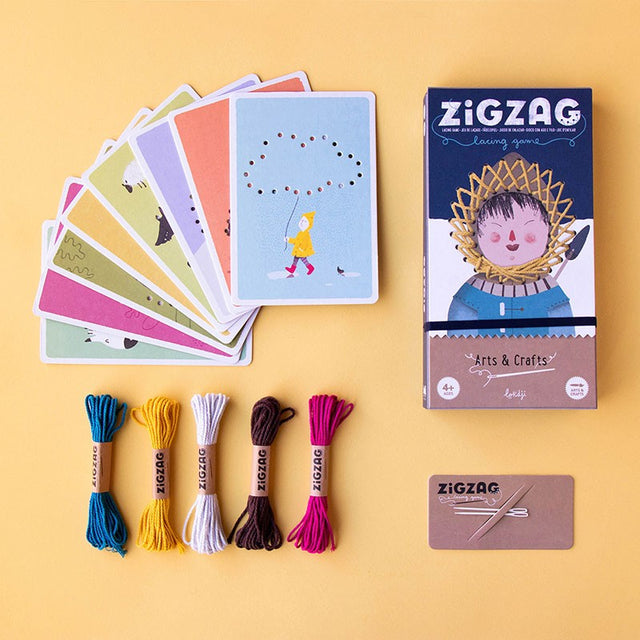 ZigZag Lacing embroidery kit with colored wool, needles, and cardboard templates for kids ages 4 and up.