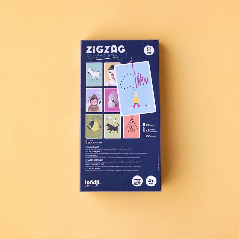 ZigZag Lacing embroidery kit with colored wool, needles, and cardboard templates for kids aged 5 and up.