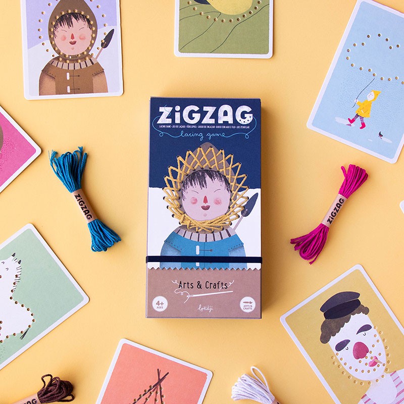 ZigZag Lacing embroidery kit with colorful wool, cardboard templates, and friendly designs for kids aged 5 and up.